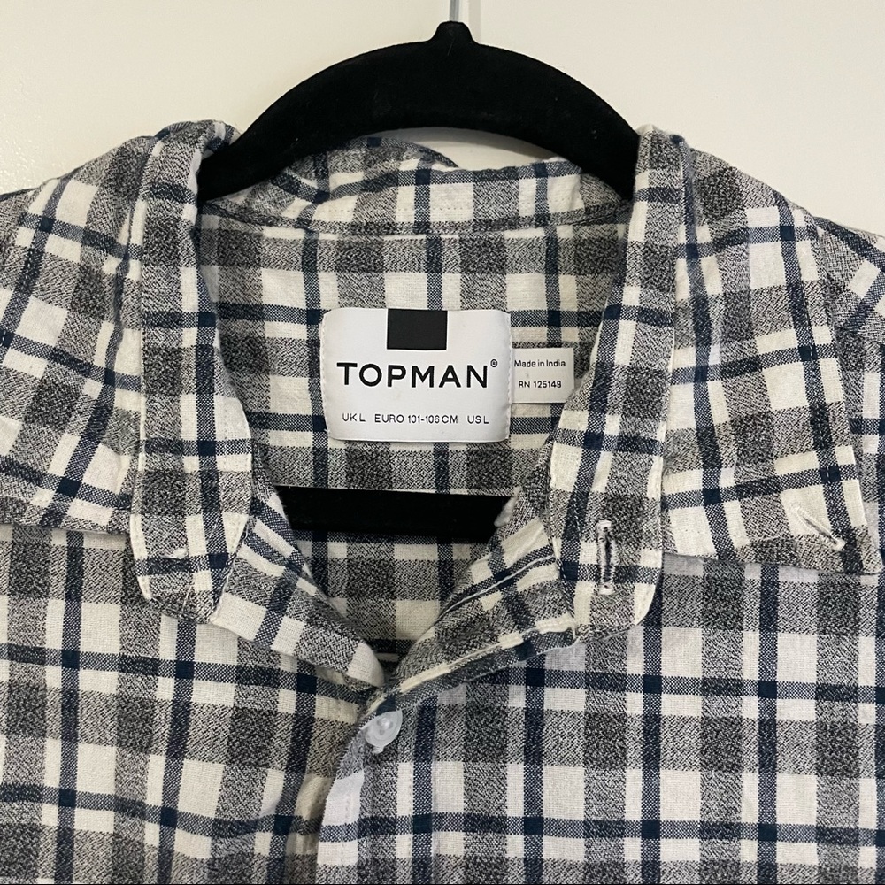 Topman Mens Plaid Shirt Short Sleeve Button Up - Blue Gray and White - Size L - Picture 2 of 3